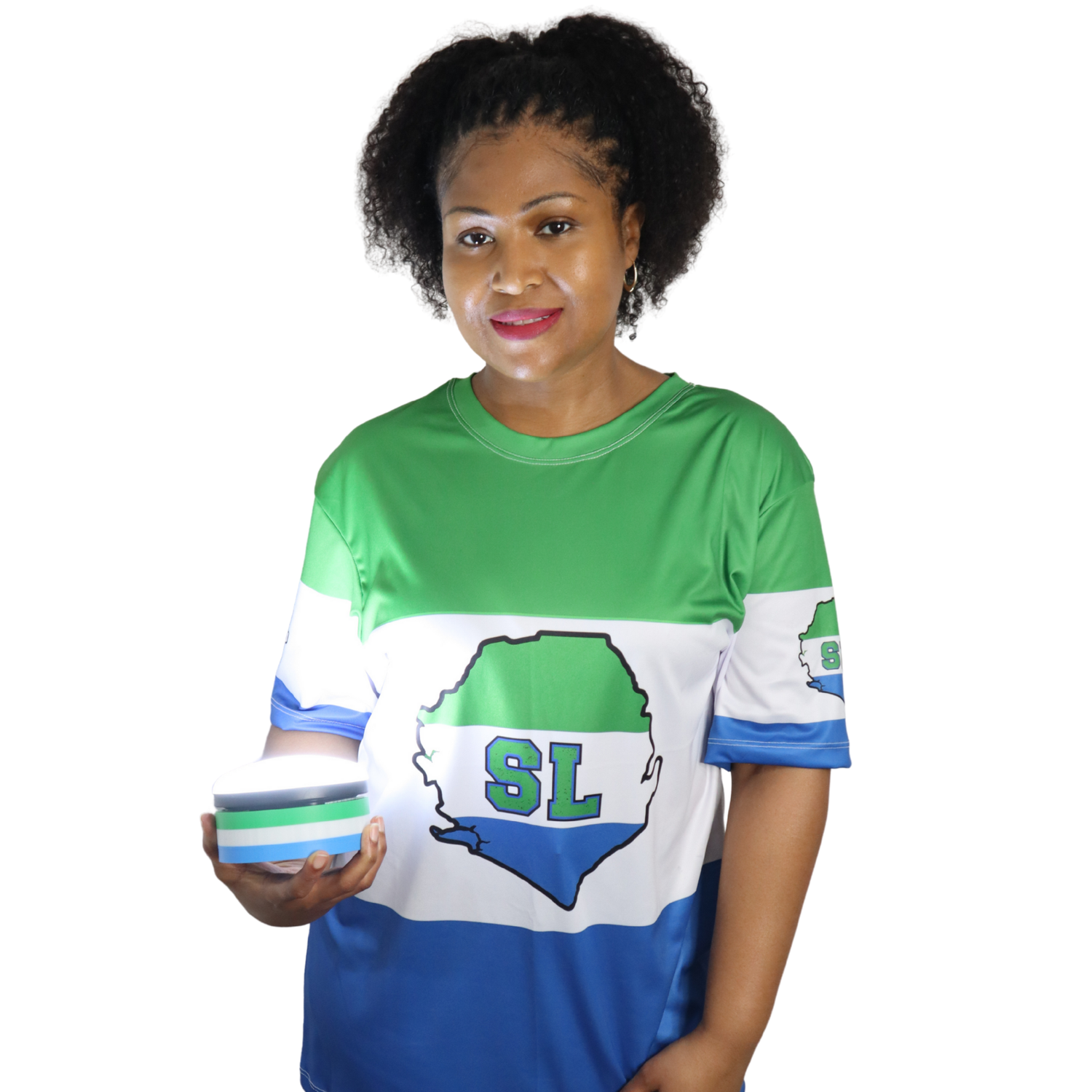 Woman wearing a green, white, and blue Sierra Leone sports jersey with 'SL' logo on a white background. Holding a Green White and Blue Mount