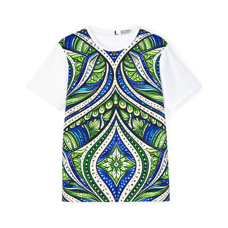 Person wearing a sports jersey featuring a green blue and white Ankara style mandala print on the chest with white sleeves