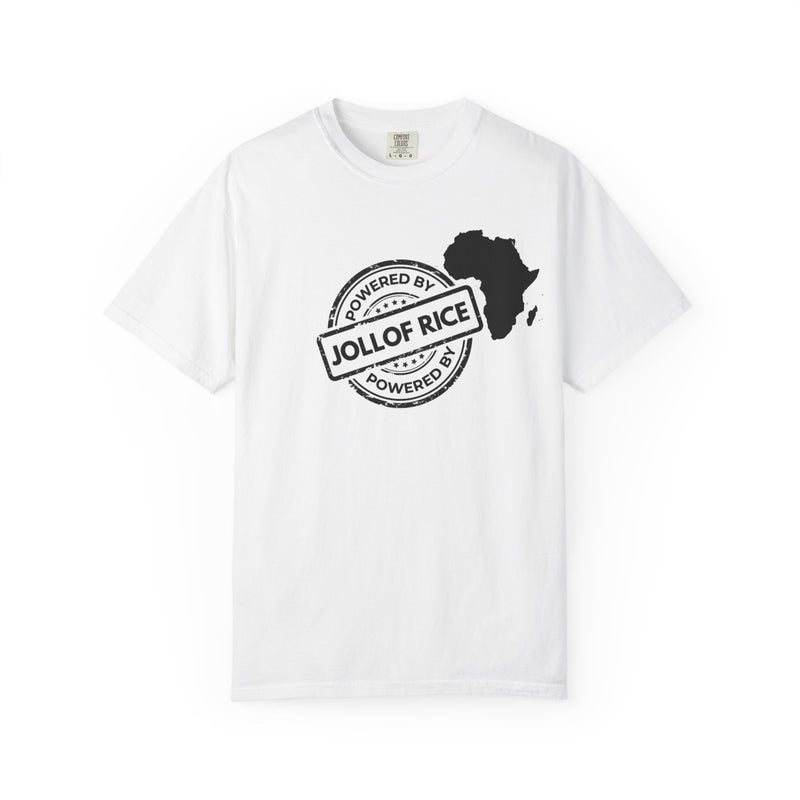 in side profile, Powered By Jollof Rice stamp design with a white Africa map silhouette on a black t-shirt