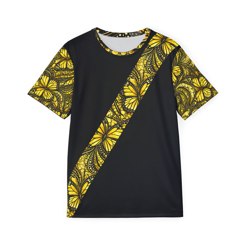 Model shown in side profile, wearing a t-shirt featuring a yellow monarch butterfly Ankara style print sash across a black...