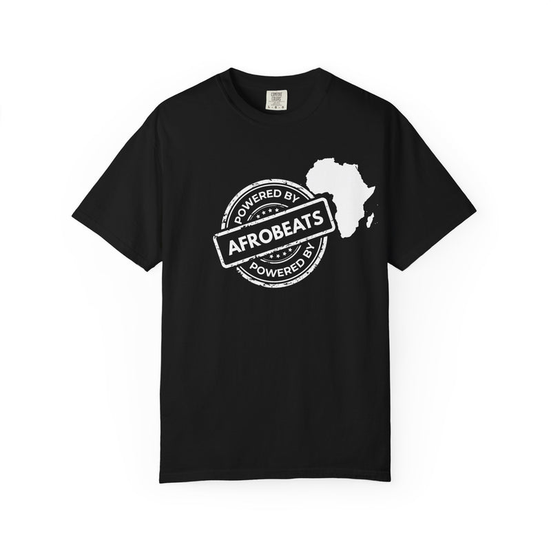 in side profile, Powered By Afrobeats stamp design with a white Africa map silhouette on a black t-shirt