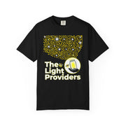 Model shown in side profile, wearing a garment dyed t-shirt featuring a scattered firefly light pattern above The Light Pr...
