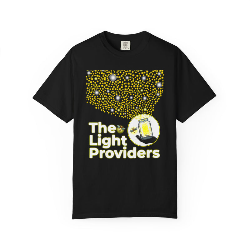 Model shown in side profile, wearing a garment dyed t-shirt featuring a scattered firefly light pattern above The Light Pr...