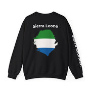 black crewneck sweatshirt shown flat, front view featuring a Sierra Leone text and country outline map print in green whit...