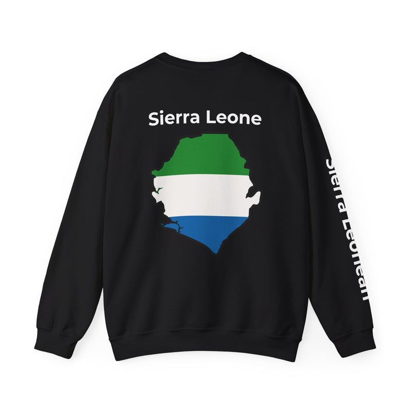 black crewneck sweatshirt shown flat, front view featuring a Sierra Leone text and country outline map print in green whit...