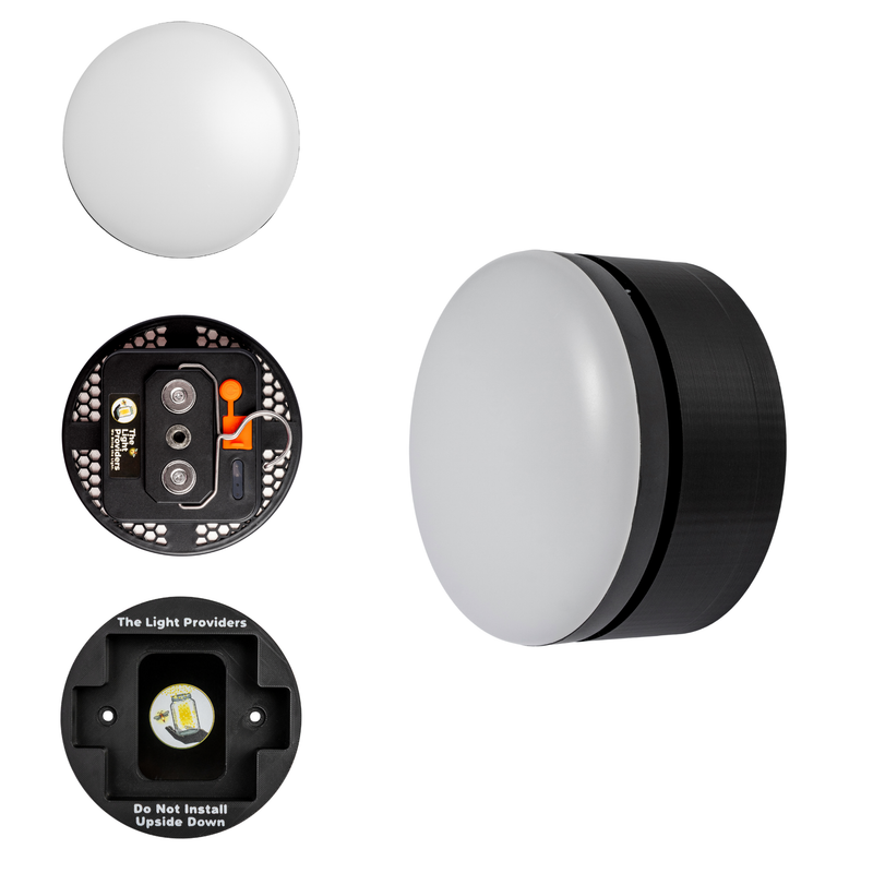 Black mount in use with a wireless light - showing all angles on a white background