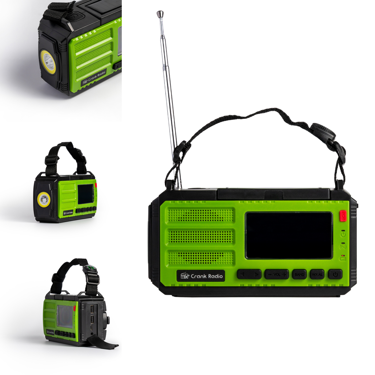 Emergency weather radio with hand crank and solar charging shown from multiple angles