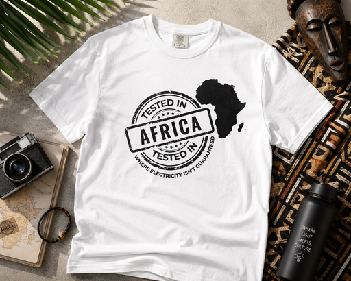 Tested In Africa stamp design with a white Africa map silhouette on a white t-shirt