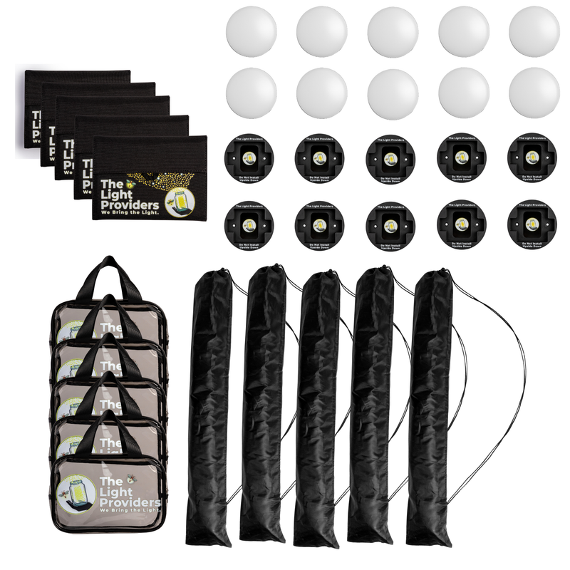 Community support pack includes ten wireless lights, ten black mounts, five tripods, five clear utility bags and five solar panels on a white background