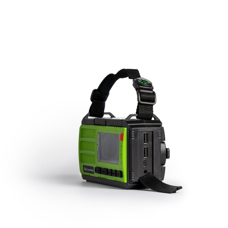 Survival Pro Emergency Radio - with handle up showing USB connection outlets
