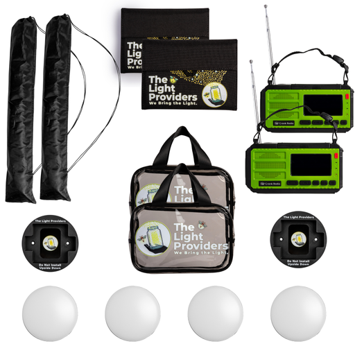 Family Lighting Pack which includes four wireless lights, two black mounts, two clear utility bags, two tripods, two solar panels and two emergency radios on a white background