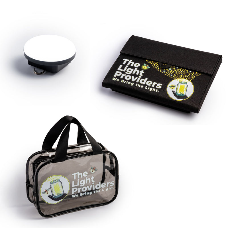 Wireless Light, Portable Pabel, and a branded clear travel bag on a white background with 'The Light Providers' branding.