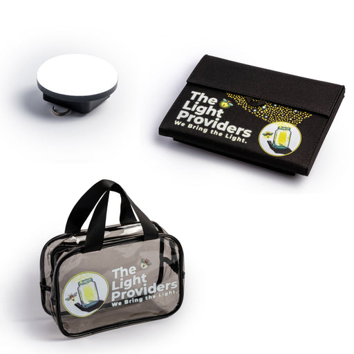 Wireless Light, Portable Pabel, and a branded clear travel bag on a white background with 'The Light Providers' branding.