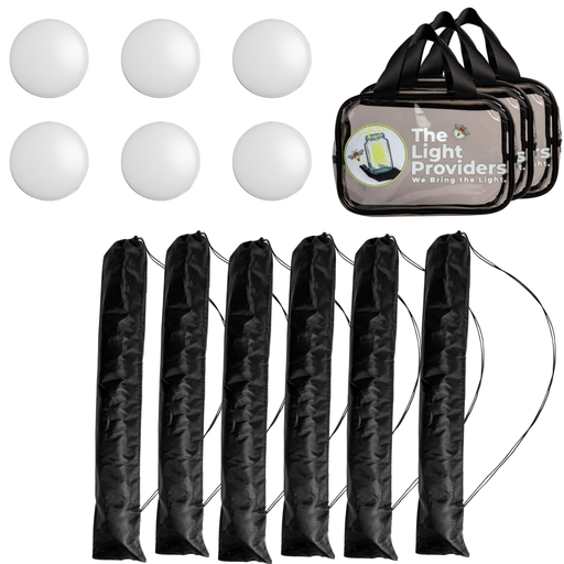 Outdoor Party Pack which includes six wireless lights, six tripods and 3 clear utility bags on a white background