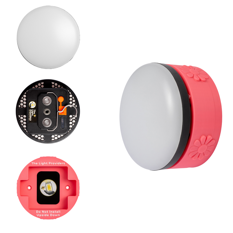 Pink flower wall mount with wireless light showing multiple angles on a white background