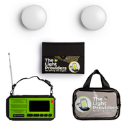 Two wireless lights, one solar panel, clear utility bag, Emergency Radio on a white background