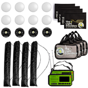 Power user pack includes six wireless lights, four black mounts, four tripods, four clear utility bags, our solar panels, and two emergency radios on a white background 