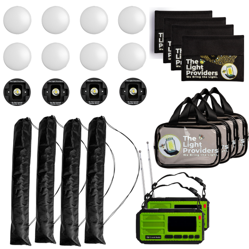 Power user pack includes six wireless lights, four black mounts, four tripods, four clear utility bags, our solar panels, and two emergency radios on a white background 