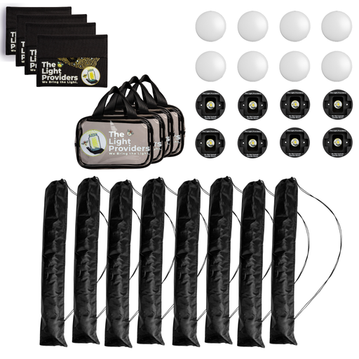 Professional Kit includes eight wireless lights, eight black mounts, four solar panels, four clear utility bags, and eight tripods on a white background