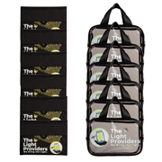 Six solar panels and six utility clear bags on a white background