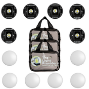 Six black wall mounts with six wireless light and three clear utility bags on a white background