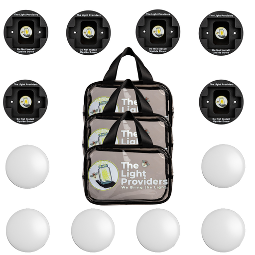 Six black wall mounts with six wireless light and three clear utility bags on a white background