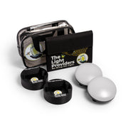 Clear utility bag, solar panel, two black mounts, two wireless lights