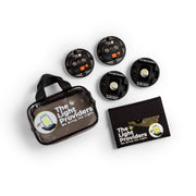 Clear utility bag, solar panel, two black mounts, two wireless lights showing back view