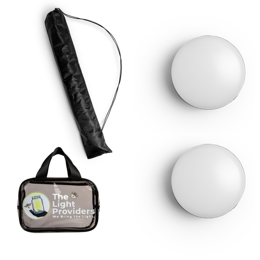 Two wireless lights, clear utility bag and flexible tripod with carrying bag on a white background