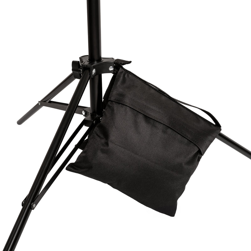 Up close view of weighted bag in use on tripod